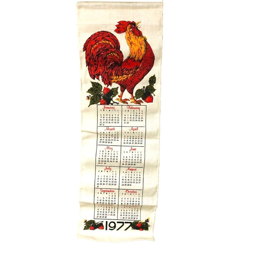 VTG 1977 Linen Rooster Chicken Calendar Dowel Cigarette Ad NIB Farm Country - Picture 2 of 7